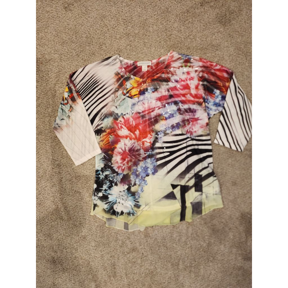 Women's Christopher & Banks Floral & Striped Sequin Top L Red Black